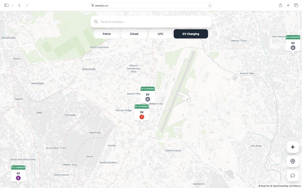 Pumply EV charging stations on the map in Ghana