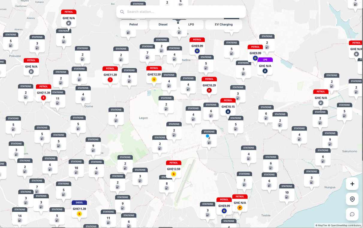 Pumply app — search and filter fuel stations by Petrol, Diesel, LPG, or EV Charging on the map in Ghana