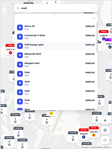 Pumply search stations by brand or name in Ghana